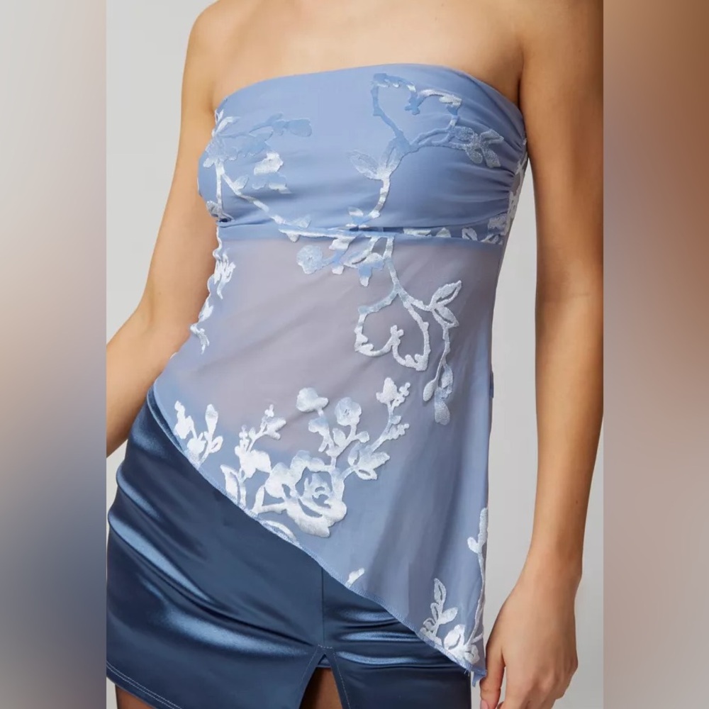 Urban Outfitters Pale Blue Strapless Floral Mesh Chemise